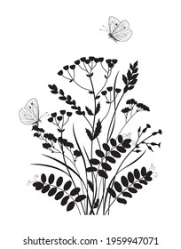 Monochrome composition with butterflies and wild flowers. Black silhouette of wildflowers, grasses, flying and sitting butterflies on white background. Vector illustration.