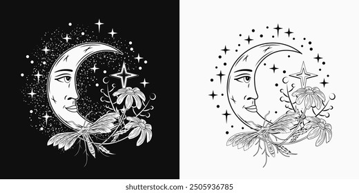 Monochrome composition with crescent moon with face, night butterfly, moth, flowers, scattered stars. Mythological fairytale, mystical concept. For clothing, apparel, T-shirts, kids design