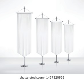 Monochrome composition with four isolated blanc pennants of different sizes  attached to metal pedestals standing on smooth surface realistic vector illustration