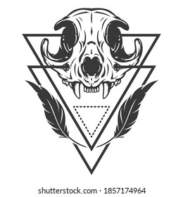 Monochrome composition with sacred geometry forms and cat skull. Vintage design concept isolated on white background. Modern vector illustration.