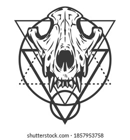 Monochrome composition with sacred geometry forms and wolf or dog skull. Vintage design concept isolated on white background. Modern vector illustration.