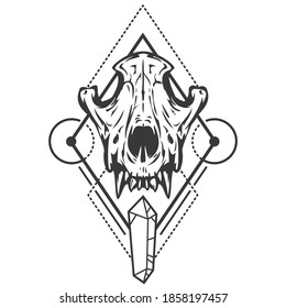 Monochrome composition with sacred geometry forms and wolf or dog skull. Vintage design concept isolated on white background. Modern vector illustration.