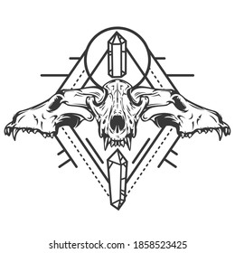 Monochrome composition with sacred geometry forms and wolf or dog skull. Vintage design concept isolated on white background. Modern vector illustration.