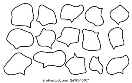 Monochrome Composition of Varied Shaped Black Outline Speech Bubbles Arranged on a White Backdrop, Creating a Modern, Minimalist, Vector-Styled Visual