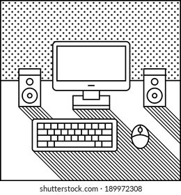 monochrome computer, speaker and keyboard on a table