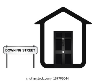 Monochrome concept of ten Downing Street residence of United Kingdom Prime Minister isolated on white background