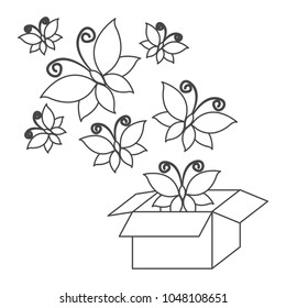 monochrome contour background with abstract butterflies coming out of the box