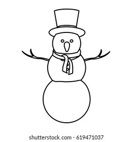 monochrome contour of big snowman with top hat and scarf vector illustration