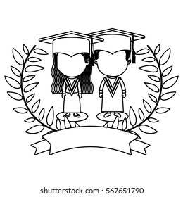 monochrome contour with branchs with leaves with couple of children graduation outfit