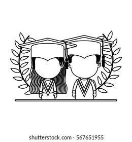 monochrome contour with branchs with leaves with half body couple of children graduation outfit