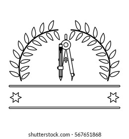 monochrome contour with branchs with leaves in shape of crown and compass with pencil