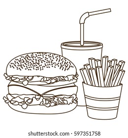 monochrome contour of burger with french fries and soda vector illustration