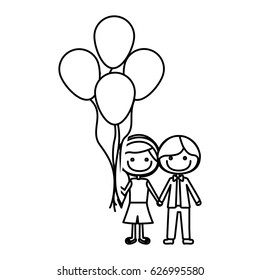 monochrome contour of caricature of boy short hair and girl with side hairstyle with many balloons vector illustration