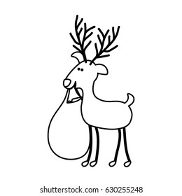 monochrome contour caricature of reindeer with christmas gift bag vector illustration