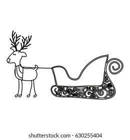 monochrome contour of caricature reindeer with sleigh vector illustration