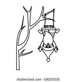 monochrome contour caricature of santa claus in tree pendant of swing vector illustration