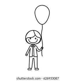 monochrome contour of caricature of smile kid with bow tie and balloon vector illustration
