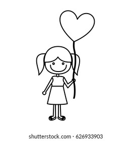 monochrome contour of caricature of smiling girl in dress with balloon in shape of heart vector illustration