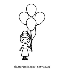 monochrome contour of caricature of smiling girl with dress and many balloons vector illustration