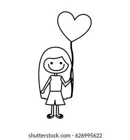 monochrome contour of caricature of smiling girl with t-shirt and short pants and balloon in shape of heart vector illustration