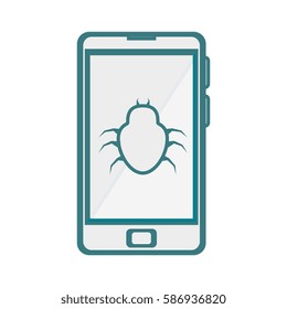 monochrome contour with cell phone with virus beetle