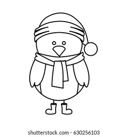 monochrome contour of chicken with boots scarf and gloves and christmas hat vector illustration