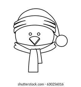 monochrome contour of chicken face with scarf and christmas hat vector illustration