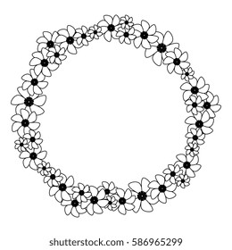 monochrome contour with circular border with flowers