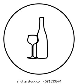 monochrome contour circular frame with bottle and glass of wine vector illustration