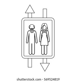 monochrome contour with double sign arrow with bald man with beard and woman with long hair