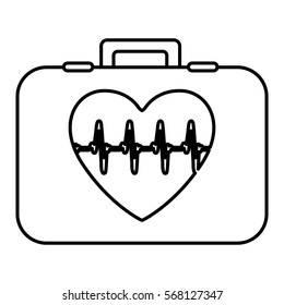 monochrome contour with firts aid kit with symbol line of vital sign in heart