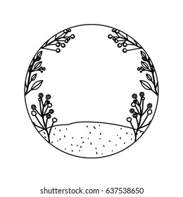 monochrome contour of floral landscape and grassy field in circular frame vector illustration
