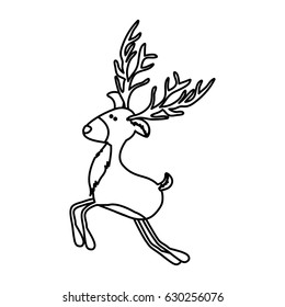 monochrome contour of funny reindeer jumping with big horns vector illustration