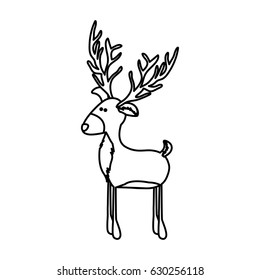 monochrome contour of funny reindeer stand with big horns vector illustration
