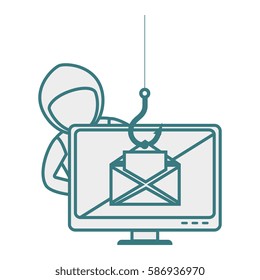 monochrome contour with hacker stealing mail information