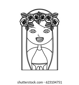 monochrome contour of half body beautiful virgin with crown of roses vector illustration