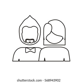 monochrome contour with half body couple without face she short hair and him with beard and bow tie