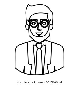monochrome contour half body of man with beard and glasses and formal suit vector illustration