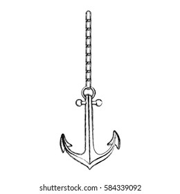 monochrome contour hand drawing of anchor with chain vector illustration