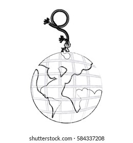 monochrome contour hand drawing of hanging rope with metal hook and earth world map vector illustration
