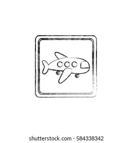 monochrome contour hand drawing of square button cartoon jet airplane transport icon design vector illustration