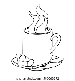 monochrome contour with hot cup of coffee serving on dish and coffee beans vector illustration