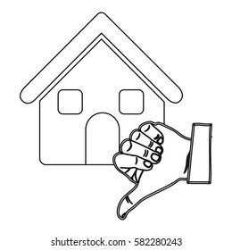 monochrome contour with house and hand thumb down vector illustration