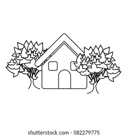 monochrome contour house with trees vector illustration