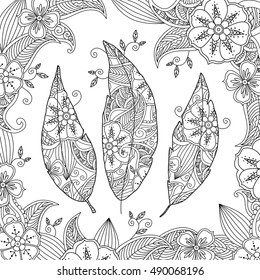 Monochrome contour image of bird feather with ornament inside on floral background. Antistress coloring book for adult and children. Editable vector illustration.