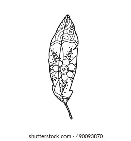 Monochrome contour image of bird feather with ornament inside isolated on white background. Good for coloring book for adult and children, henna tattoo, prints. Editable vector illustration.