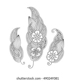 Monochrome contour image of bird feather lined by henna elements isolated on white background. Good quality antistress coloring book for adult and children. Art vector illustration.