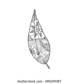 Monochrome contour image of bird feather with ornament inside isolated on white background. Good for antistress coloring book for adult, henna tattoo, prints. Editable vector illustration.