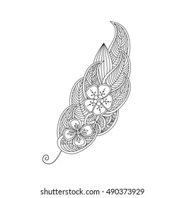 Monochrome contour image of bird feather lined by flowers isolated on white background. For antistress coloring book for adult and children, henna tattoo, prints. Editable vector illustration.