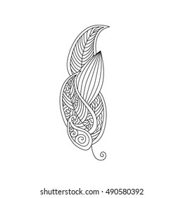 Monochrome contour image of feather with ornament inside isolated on white background. Good for antistress coloring book for adult and children, henna tattoo, prints. Editable vector illustration.